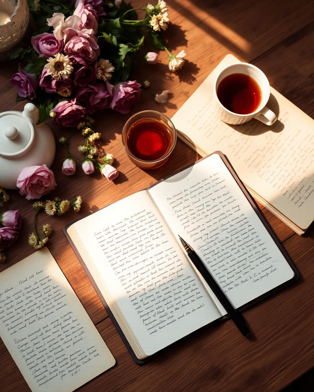 An open notebook on a wooden table in soft afternoon light, surrounded by pressed flowers, a fountain pen, tea, and folded handwritten letters with notes in the margins.
