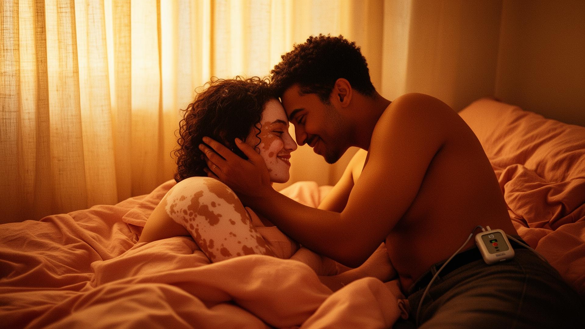 A couple in soft golden-hour light, foreheads close, one hand on the other's cheek.