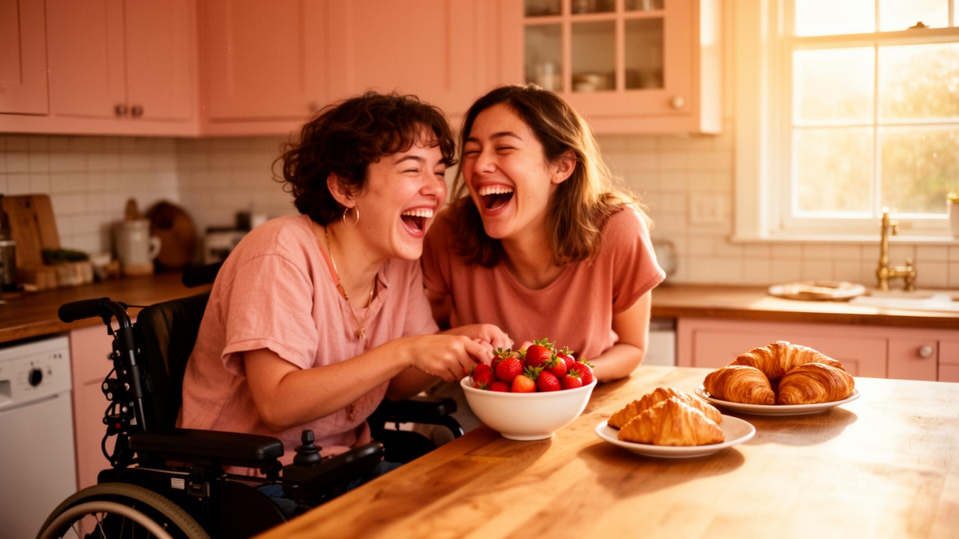 Two femme partners laughing together at a sunlit kitchen counter, one using a power wheelchair.