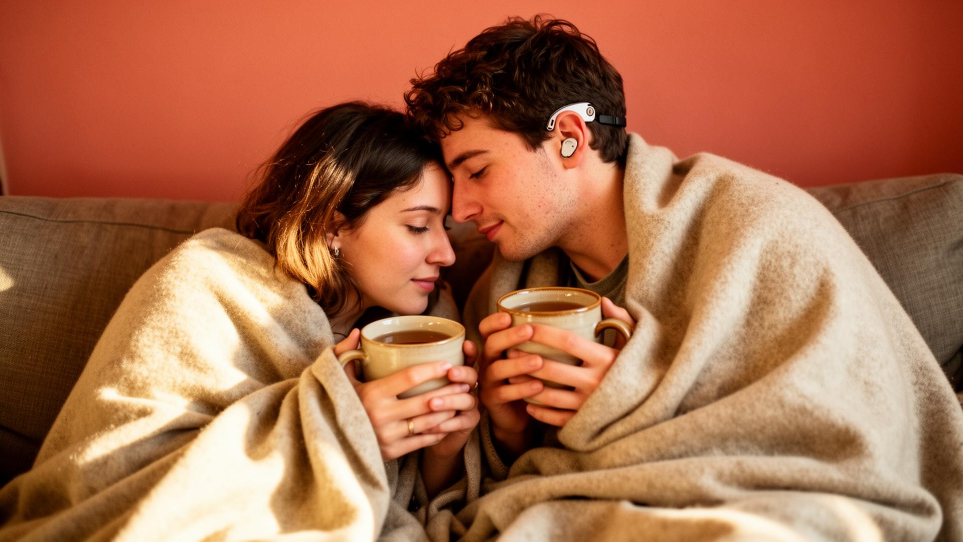 Two people wrapped in a shared blanket on a couch, foreheads touching, holding mugs of tea.