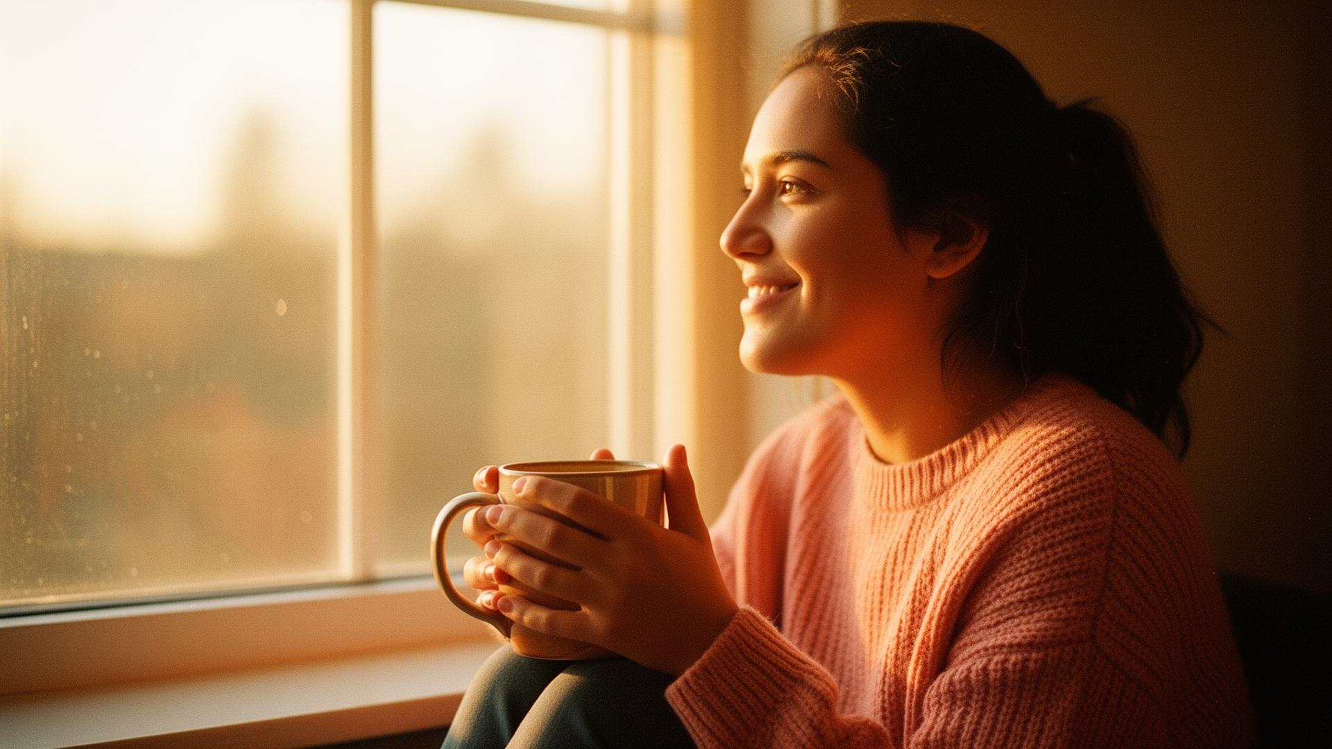 A person in a warm knit sweater holding a mug, smiling in golden window light.